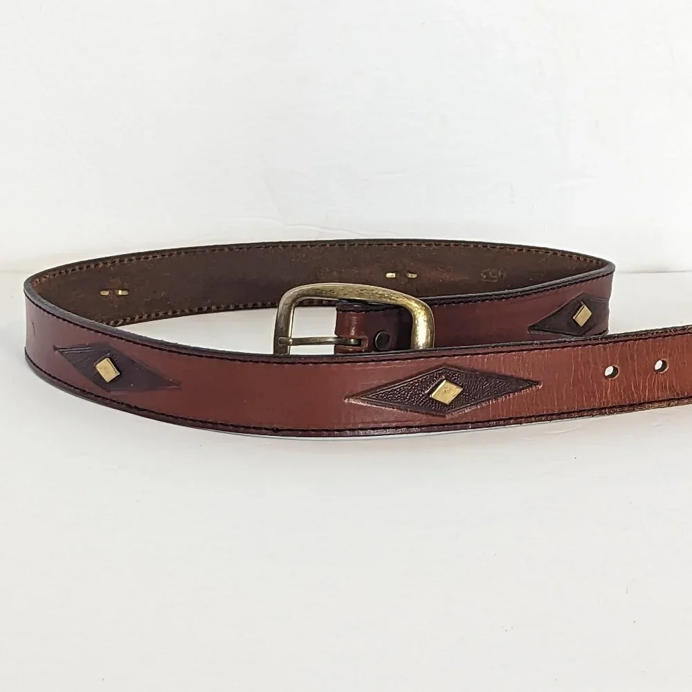Western Leather Belt Diamond Pattern Geometric Bronze Tone Hardware‎ Vintage